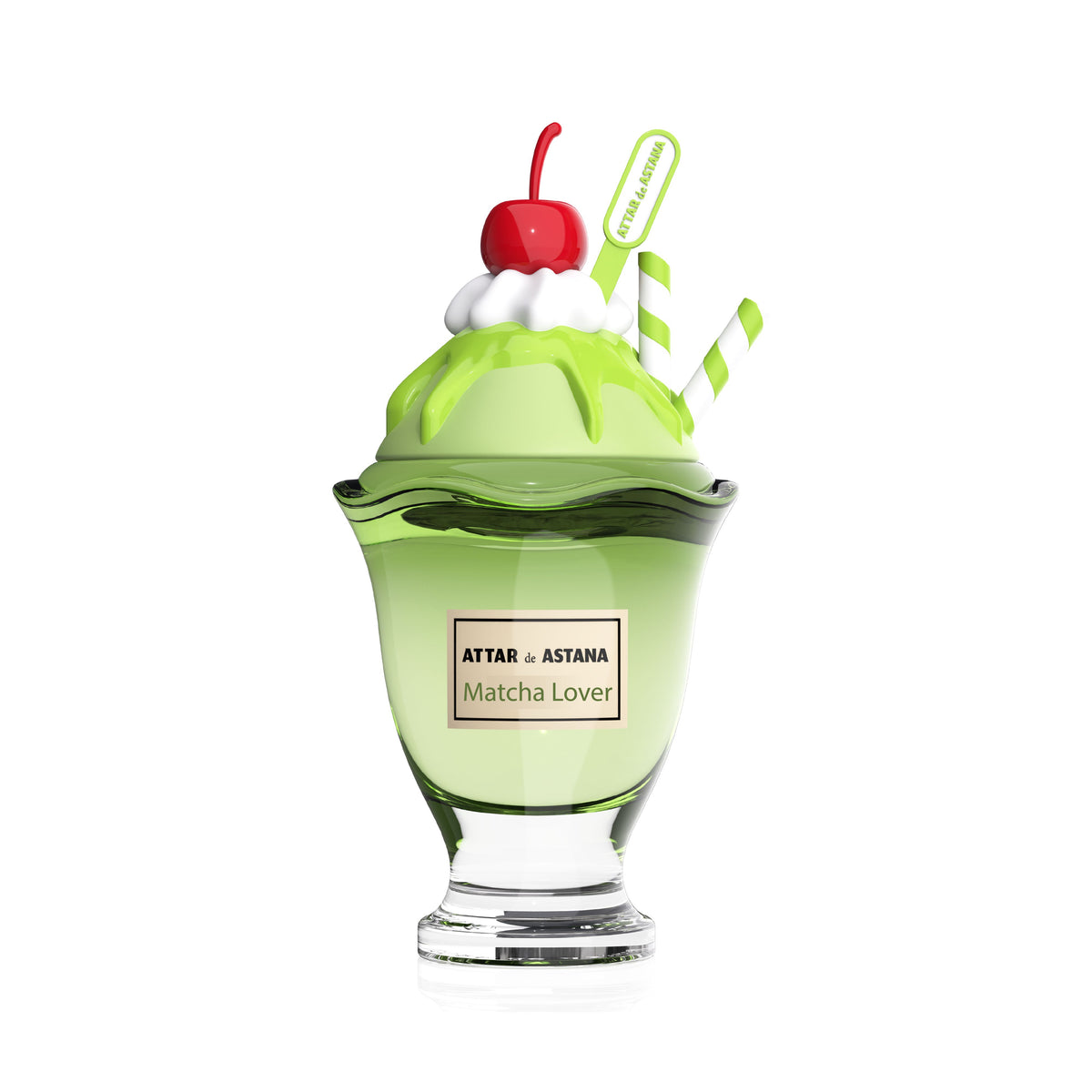 Matcha Lover 100 ML Extrait De Parfum by Attar de Astana sundae-shaped bottle with cherry and straws labeled 'Attar de Astana Matcha Lover' on a white background