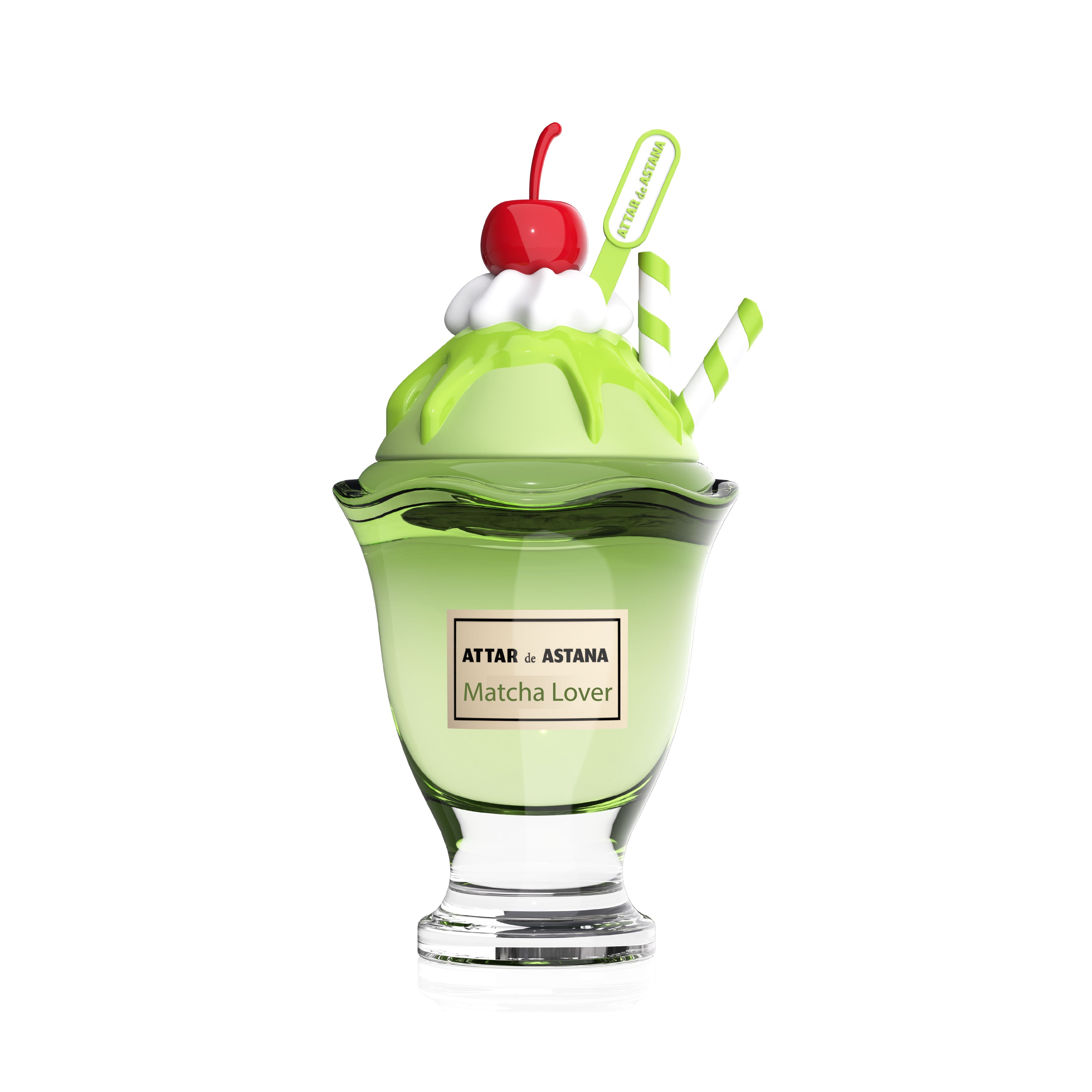 Matcha Lover 100 ML Extrait De Parfum by Attar de Astana sundae-shaped bottle with cherry and straws labeled 'Attar de Astana Matcha Lover' on a white background