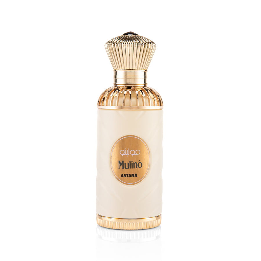 MULINO EXTRAIT DE PERFUM 100 ML BY ATTAR DE ASTANA Perfume bottle with gold cap and label on a white background