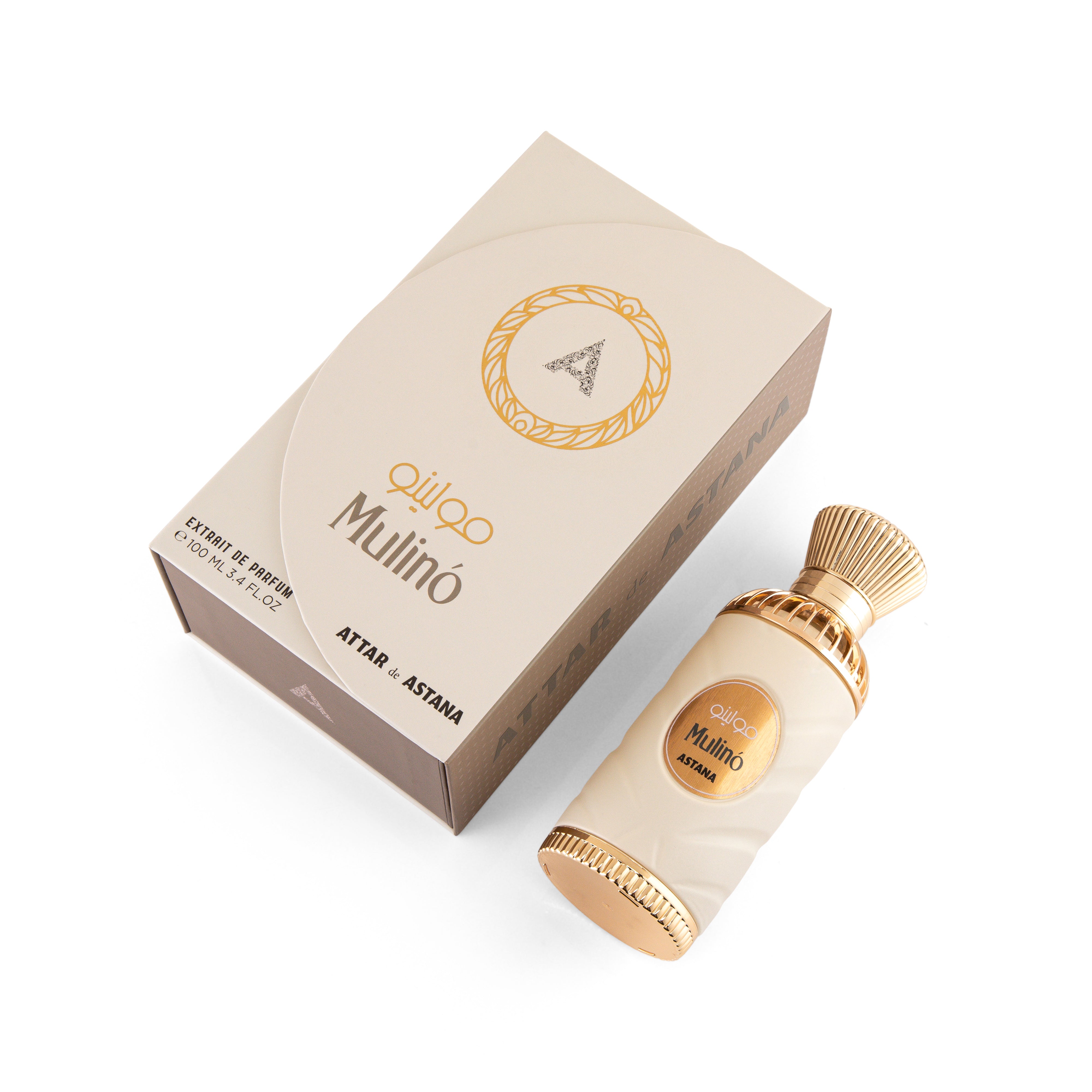 Mulino EXTRAIT DE PERFUM 100 ML BY ATTAR DE ASTANA perfume bottle and packaging on a white background