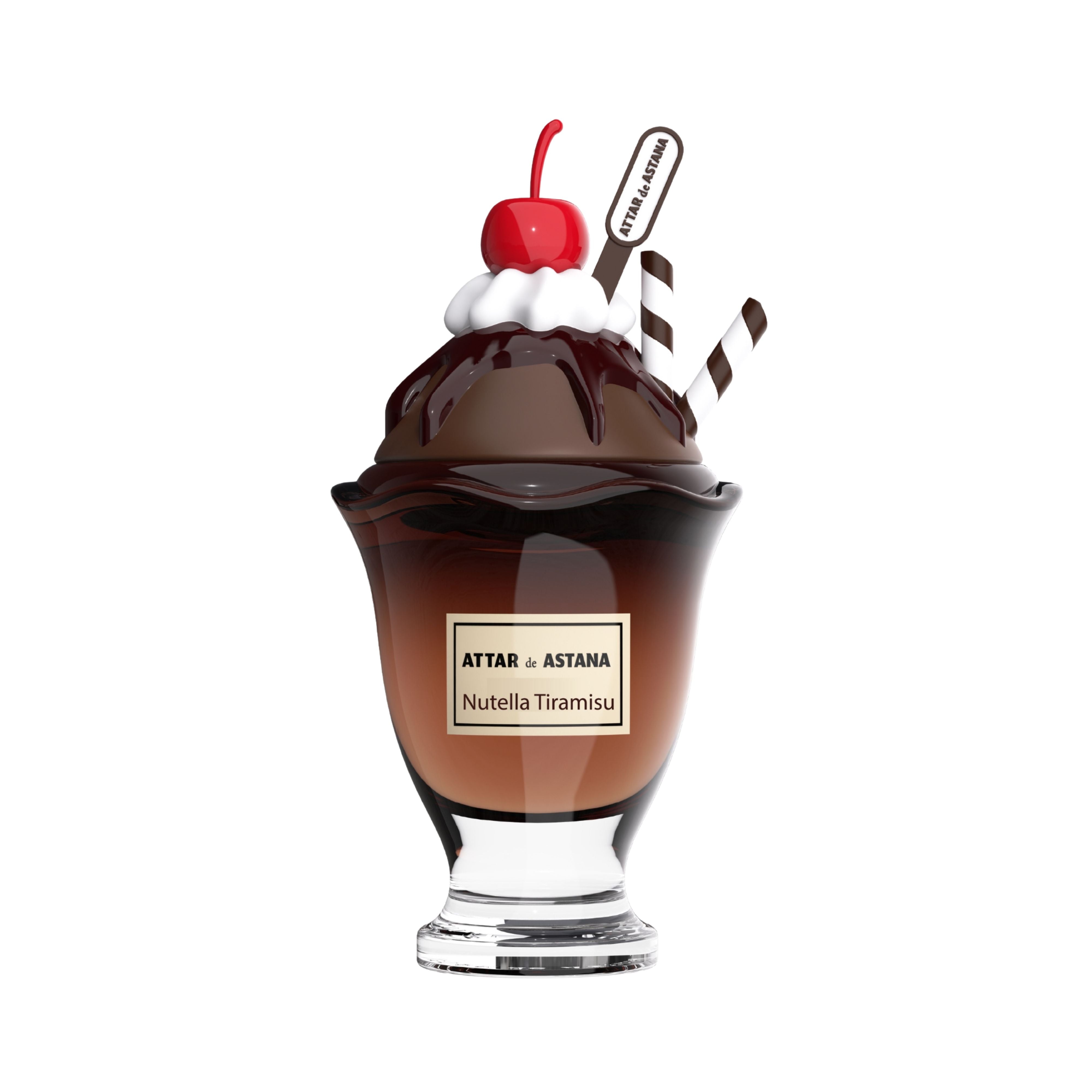 Nutella Tiramisu 100 ML Extrait De Parfum by Attar de Astana Fragrance bottle designed to look like a Nutella tiramisu with a cherry on top, featuring the brand 'Attar & Astana'.