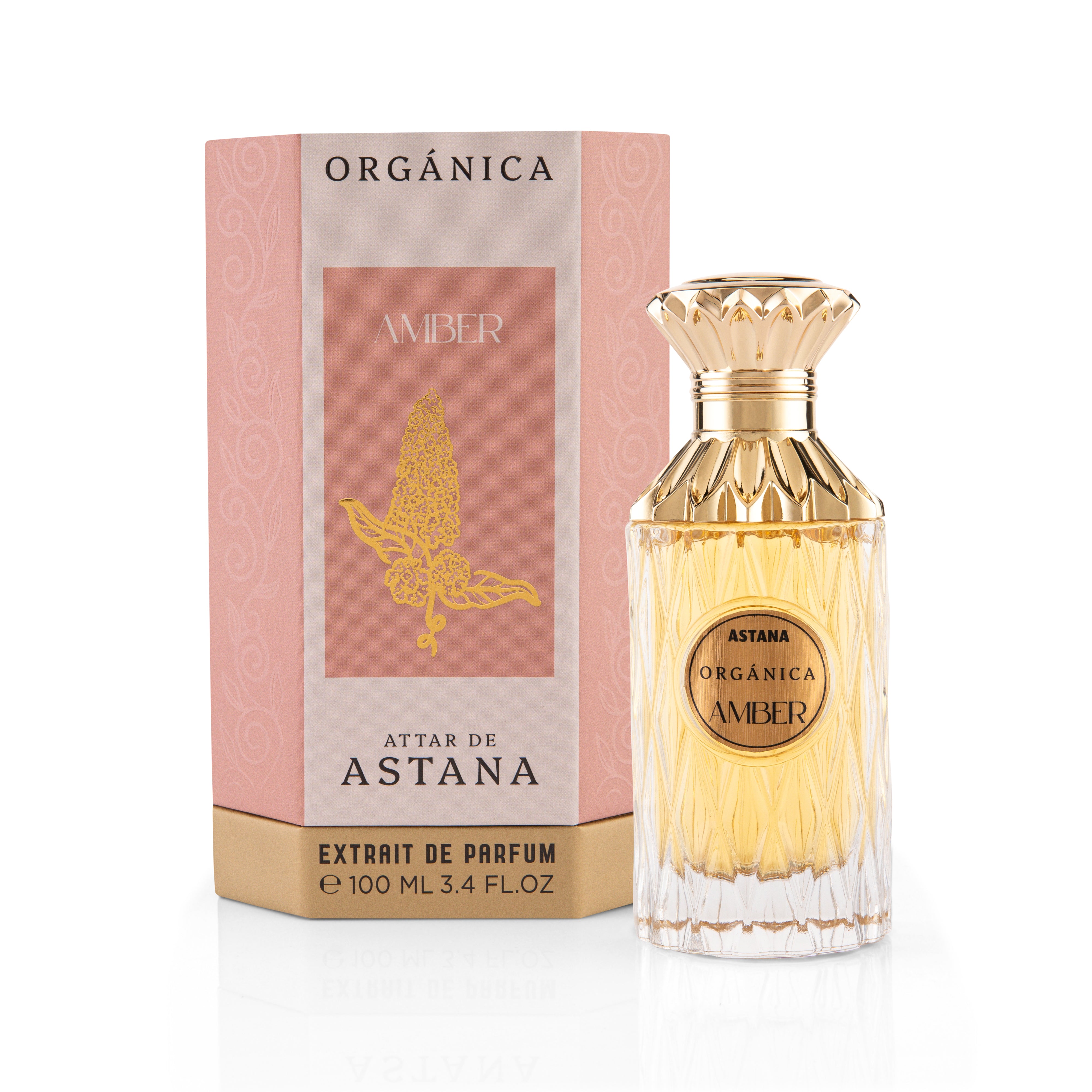 Perfume bottle and packaging of Organótica AMBER EXTRAIT DE PERFUM 100 ML BY  Attar de Astana on a white background
