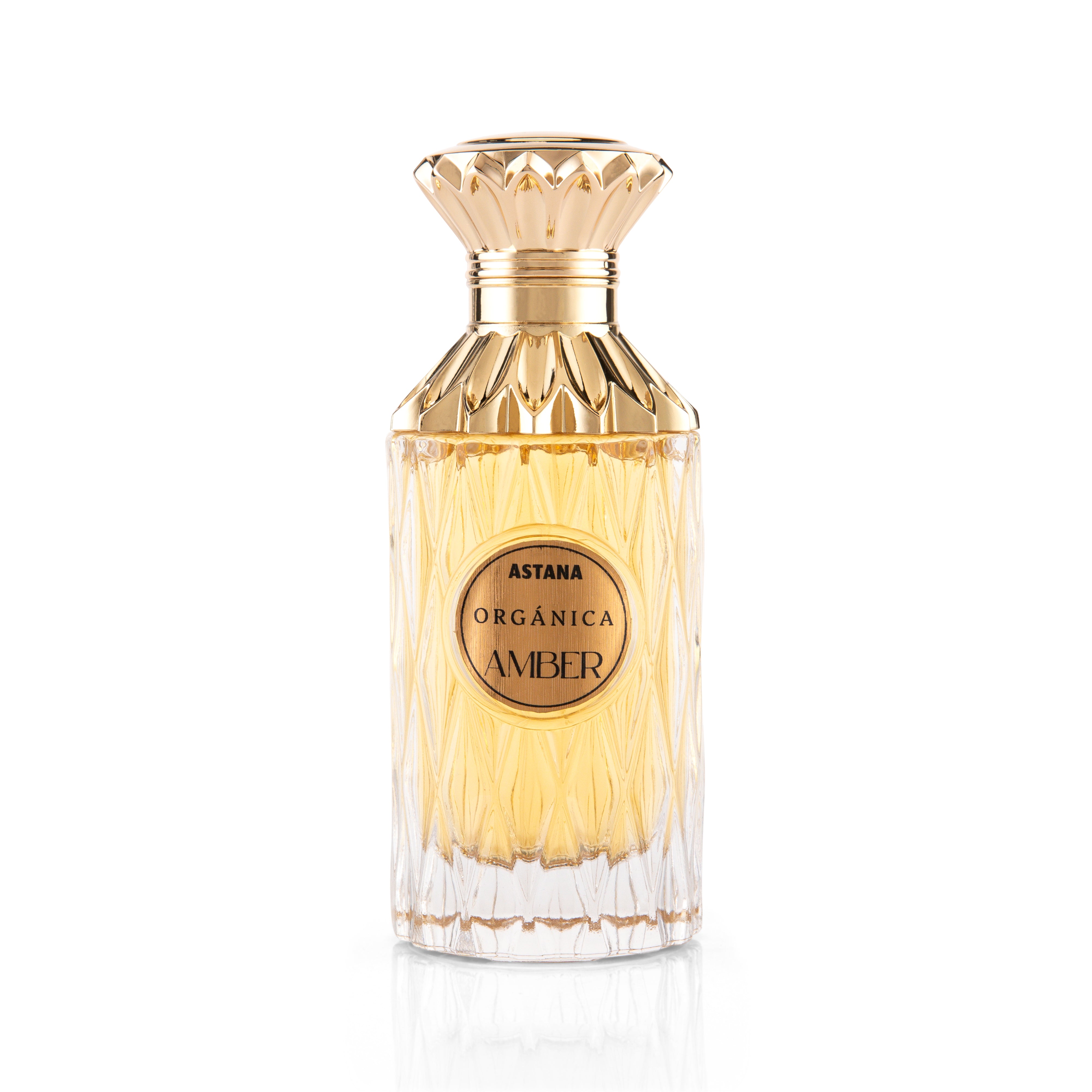 Perfume bottle labeled 'Astana Organónica Amber' EXTRAIT DE PERFUM 100 ML on a white background BY ATTAAR DE ASTANA