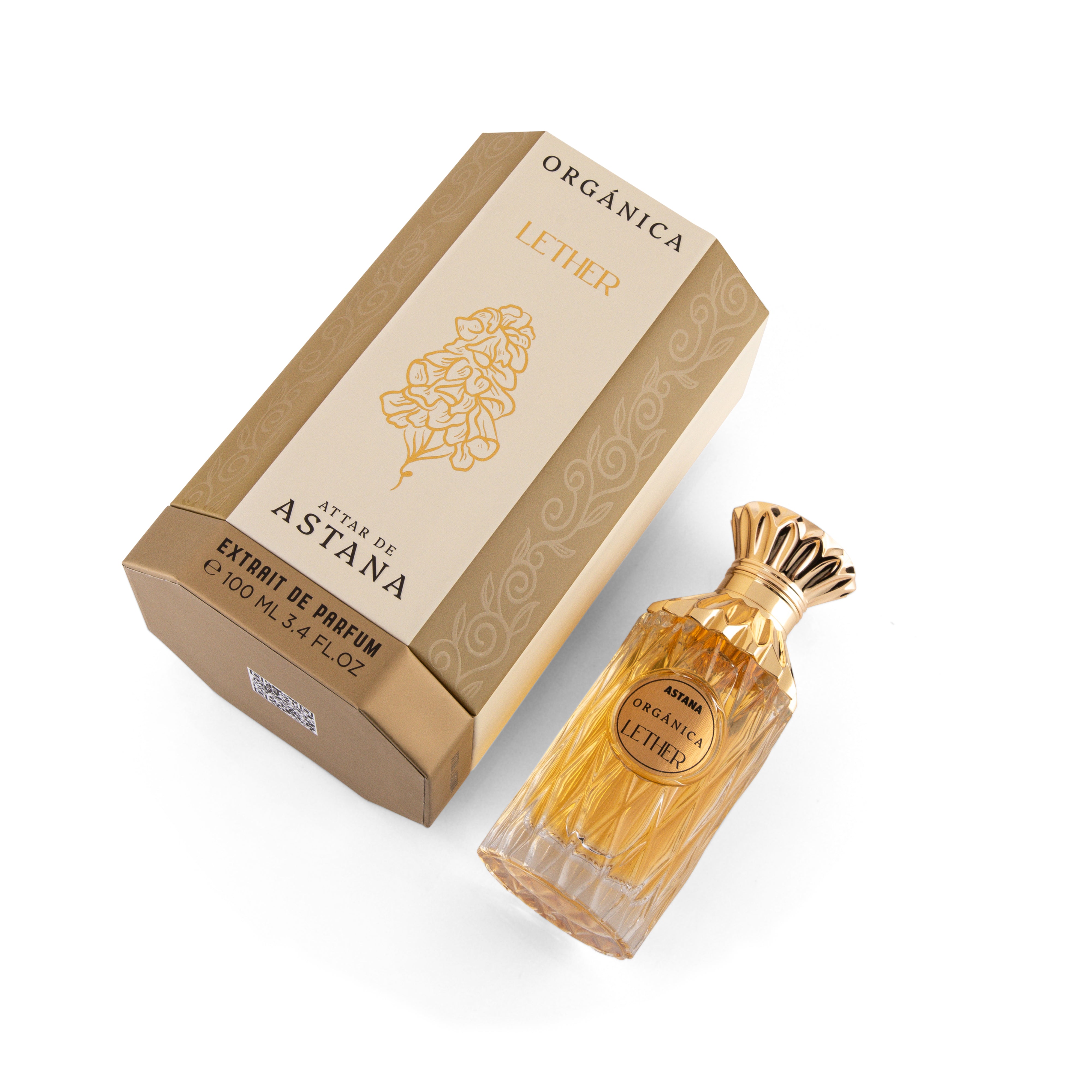 ORGANICA LETHER EXTRAIT DE PERFUM 100 ML BY ATTAR DE ASTANA Perfume bottle and packaging with 'Astana' branding on a white background