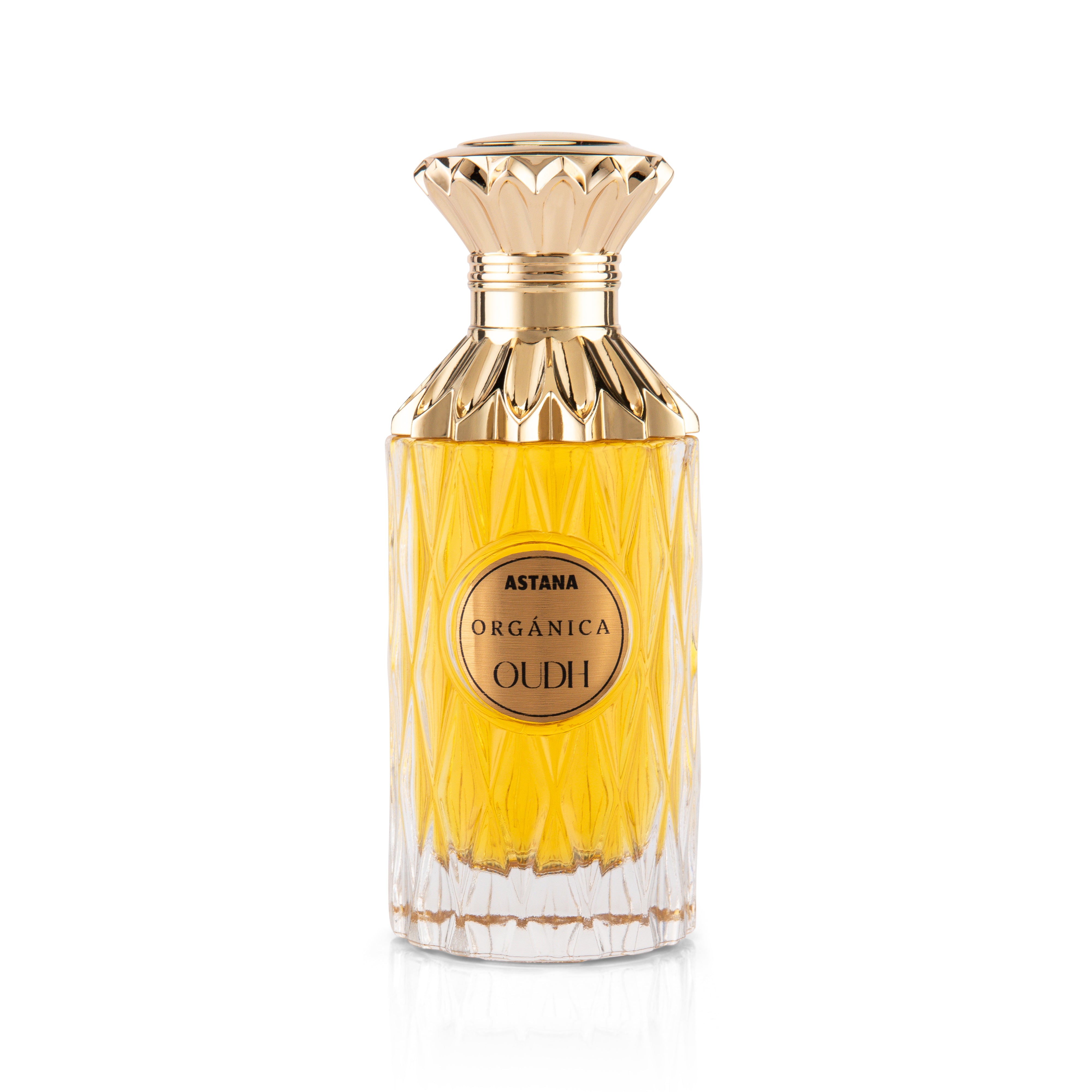 ORGANICA OUDH EXTRAIT DE PERFUM 100 ML Perfume bottle with gold cap and clear glass body on a white background BY ATTAR DE ASTANA