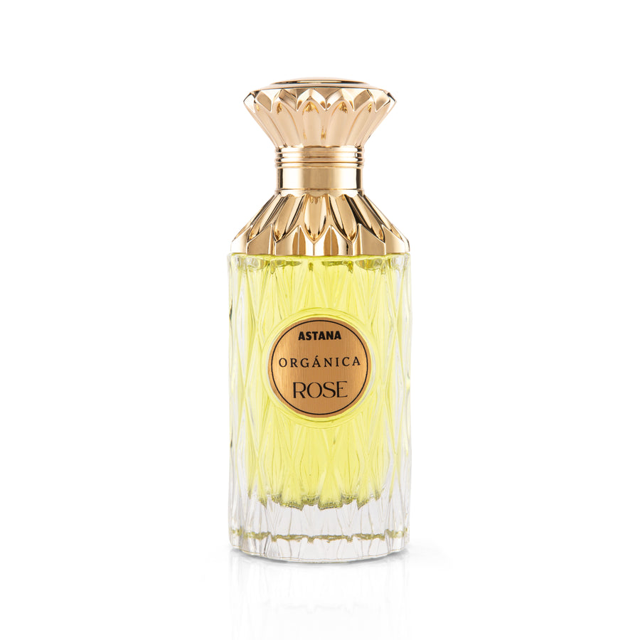 Perfume bottle labeled 'Astana Organóica Rose' EXTRAIT DE PERFUM 100 ML on a white background BY ATTAR DE ASTANA