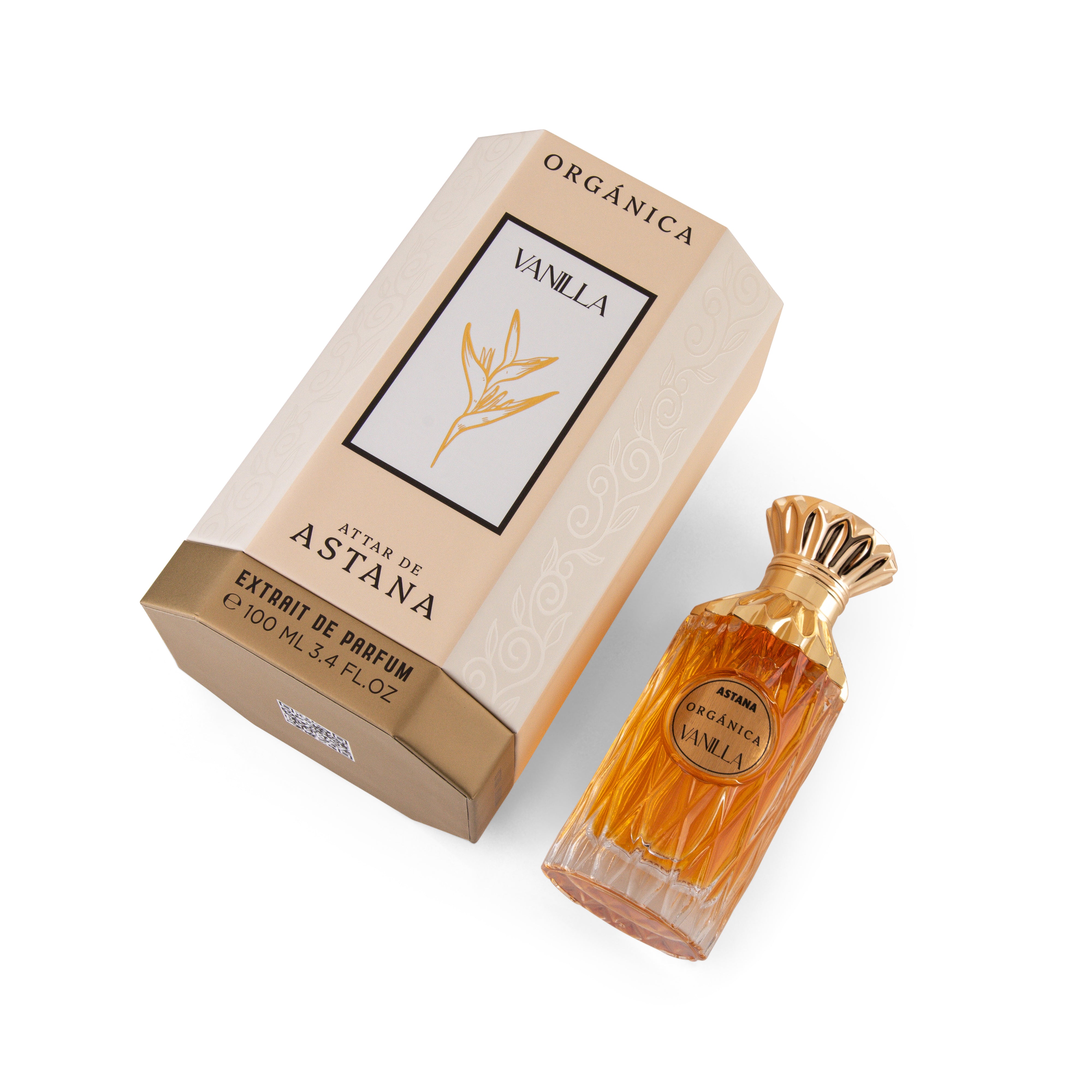 Attar de Astana ORGANICA vanilla EXTRAIT DE PERFUM 100 ML BY ATTAR DE ASTANA perfume bottle with packaging on a white background