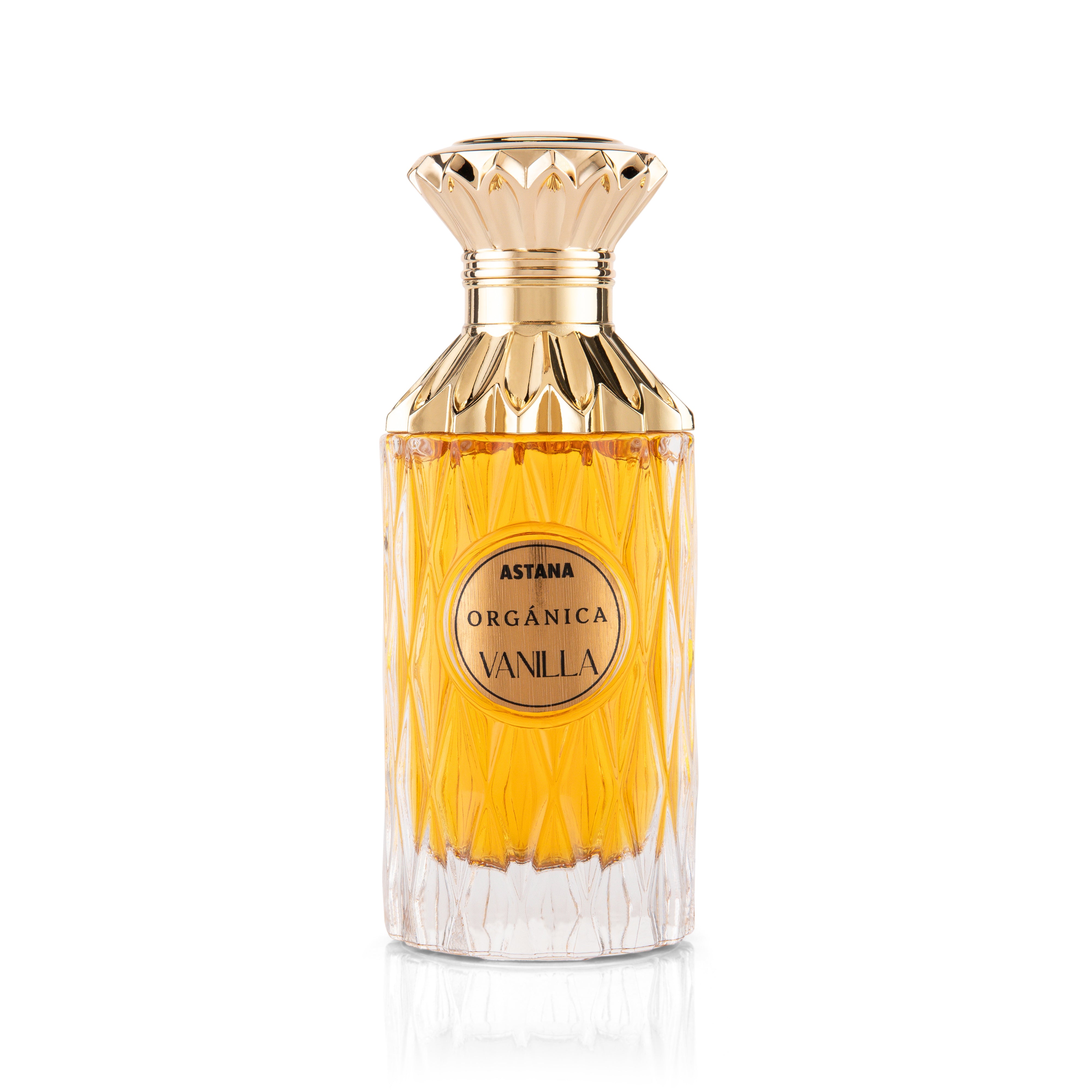 Perfume bottle labeled ' Organótica Vanilla' EXTRAIT DE PERFUM 100 ML BY ATTAR DE ASTANA on a white background