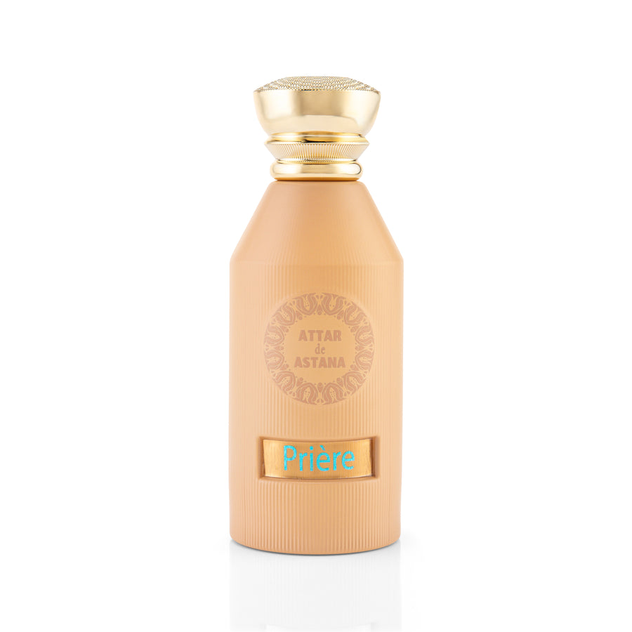 Priere 100 ML Extrait De Parfum by Attar de Astana Perfume bottle with gold cap and beige body on a white background