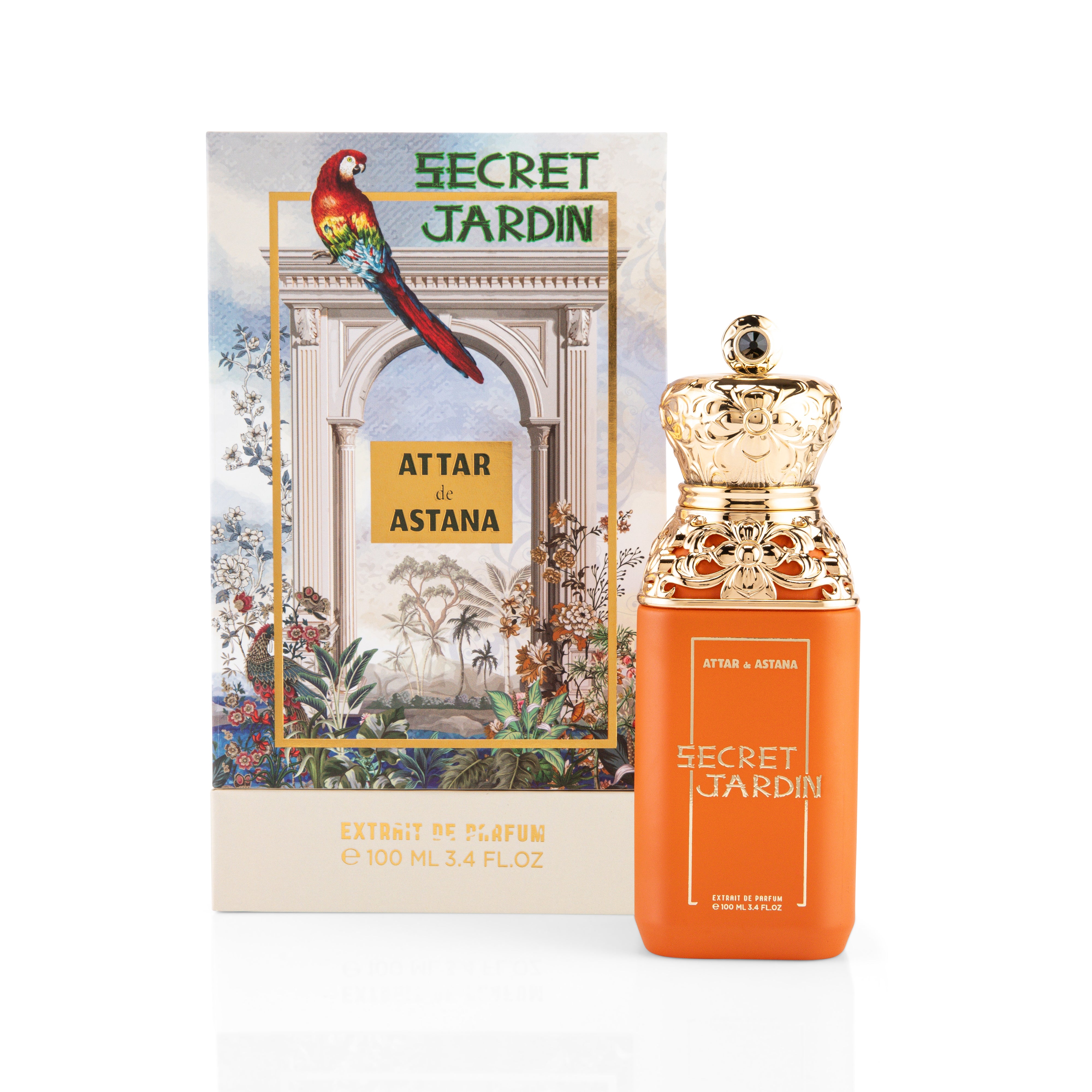 Attar de Astana Secret Jardin EXTRAIT DE PERFUM 100 ML perfume bottle and packaging on a white background