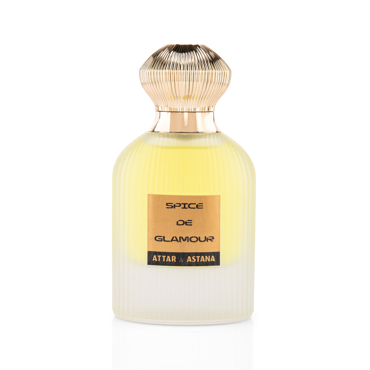 Perfume bottle labeled 'Spice de Glamour' EXTRAIT DE PERFUM 100 ML by Attar of Astana on a white background 
