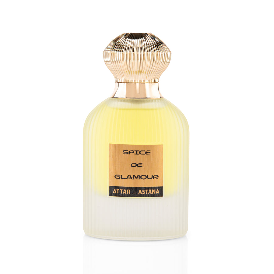Perfume bottle labeled 'Spice de Glamour' EXTRAIT DE PERFUM 100 ML by Attar of Astana on a white background 