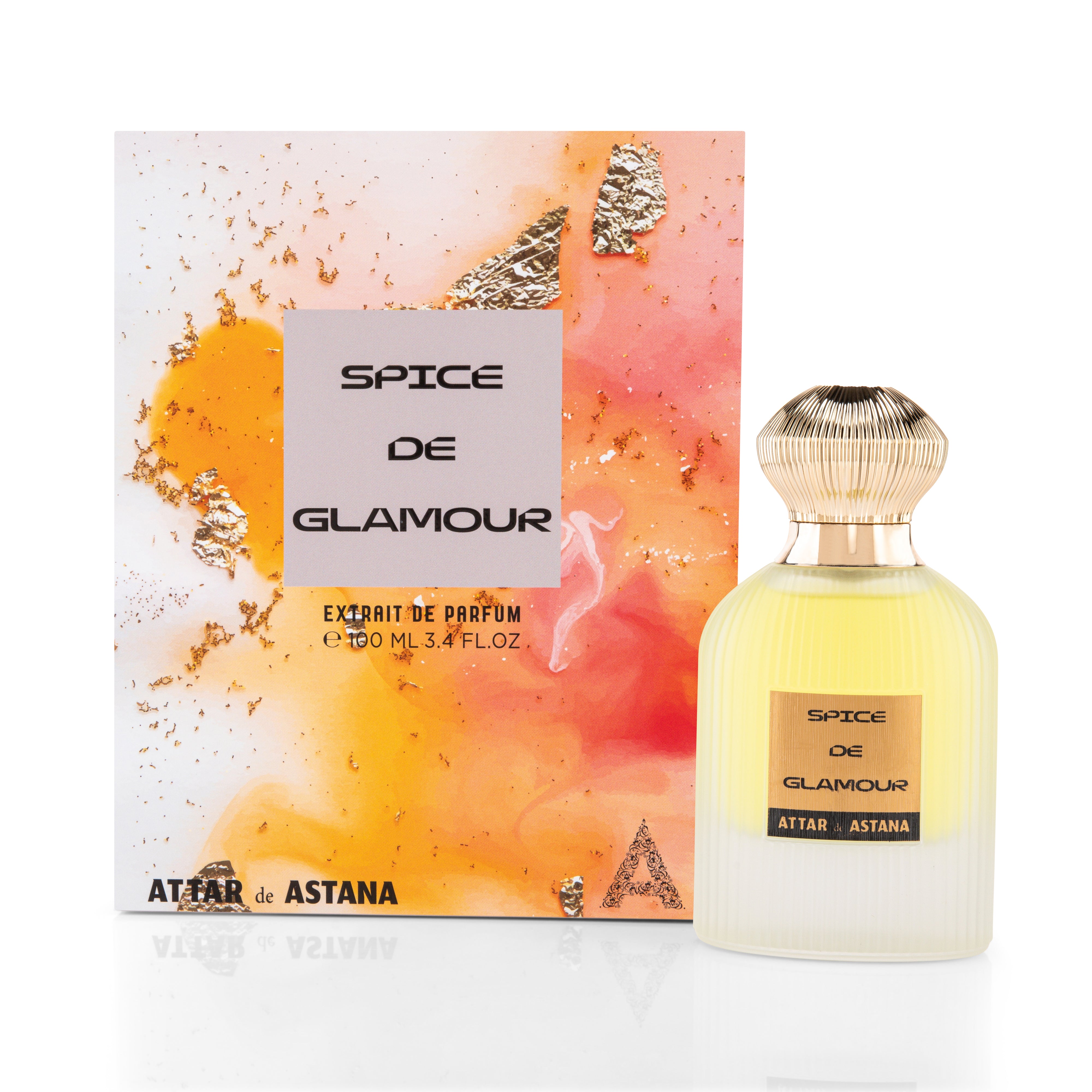 Perfume bottle and packaging of Spice de Glamour EXTRAIT DE PERFUM 100 ML by Attar de Astana on a white background