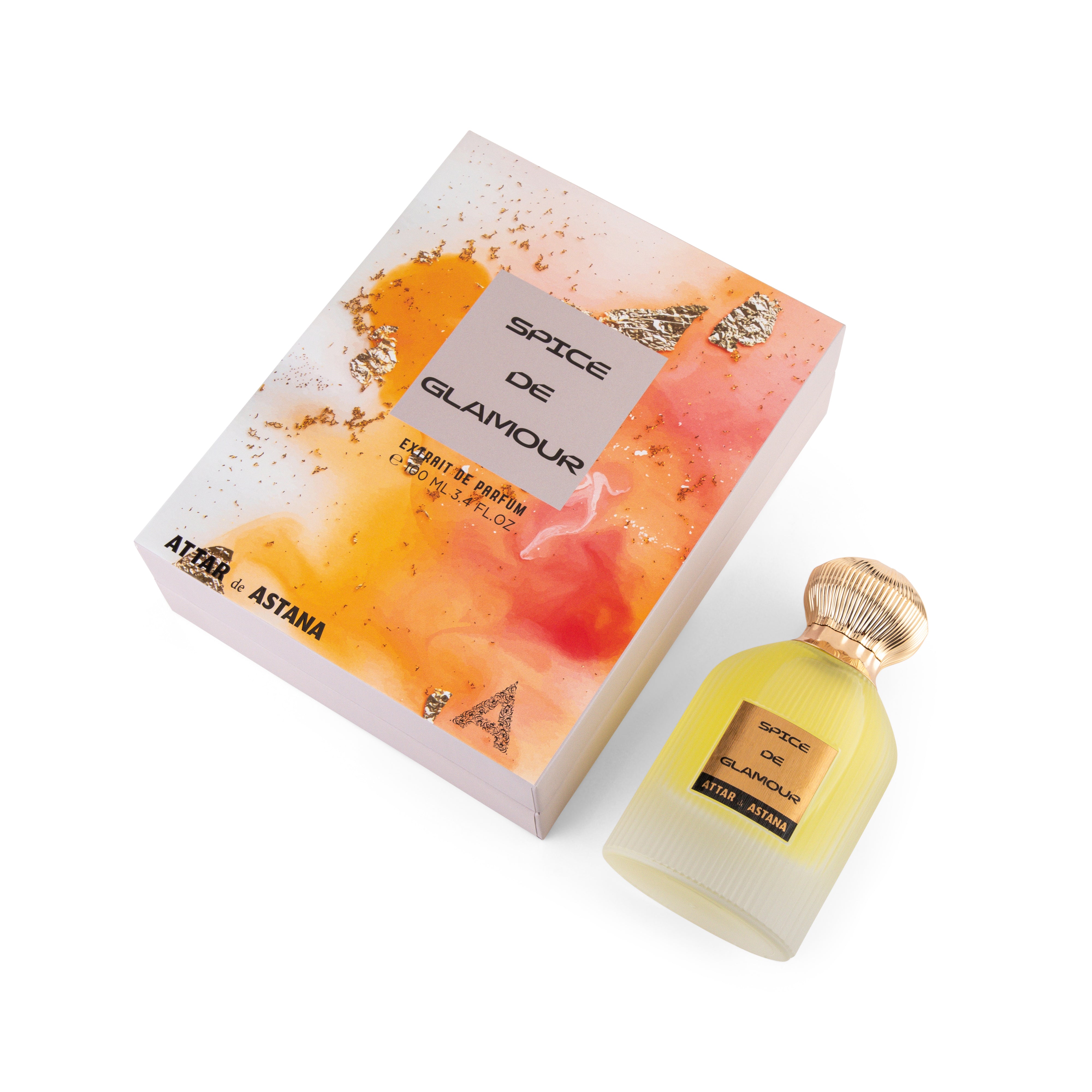 Perfume bottle and packaging of 'Spice de Glamour' EXTRAIT DE PERFUM 100 ML by Astana on a white background