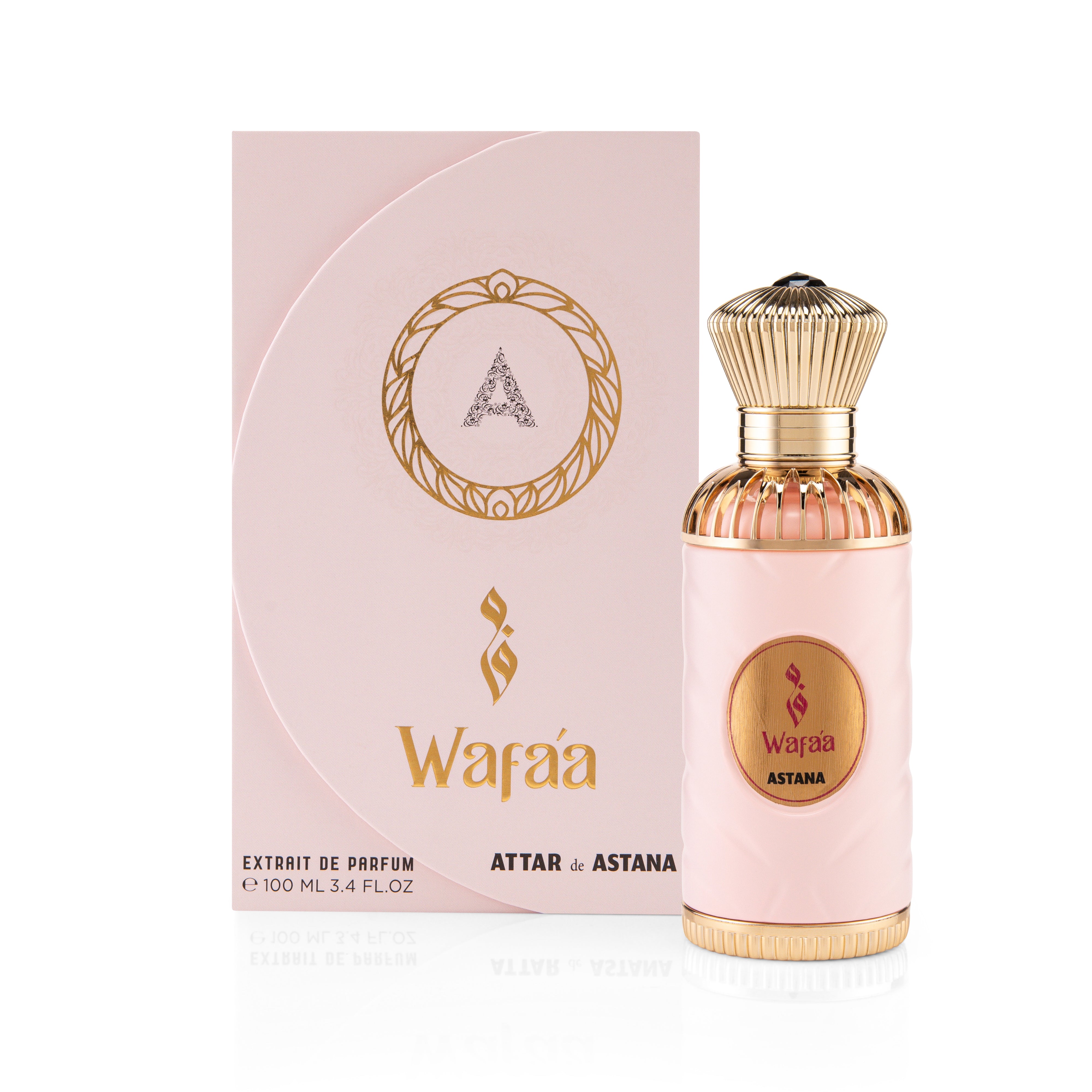 Perfume bottle and packaging of Wafaa EXTRAIT DE PERFUM 100 ML BY ATTAR DE ASTANA with gold accents on a white background