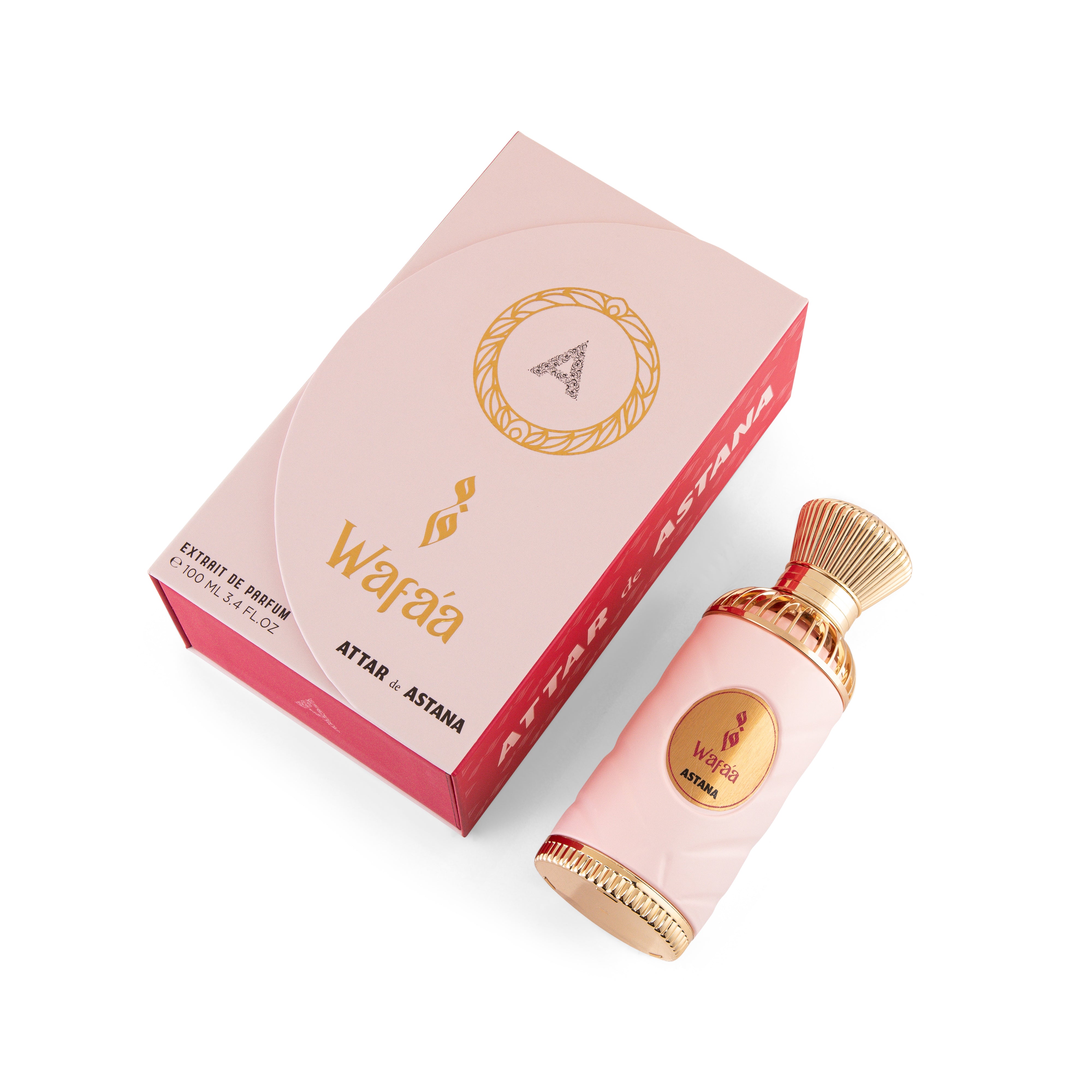 Wafaa EXTRAIT DE PERFUM 100 ML BY ATTAR DE ASTANA perfume bottle and packaging on a white background