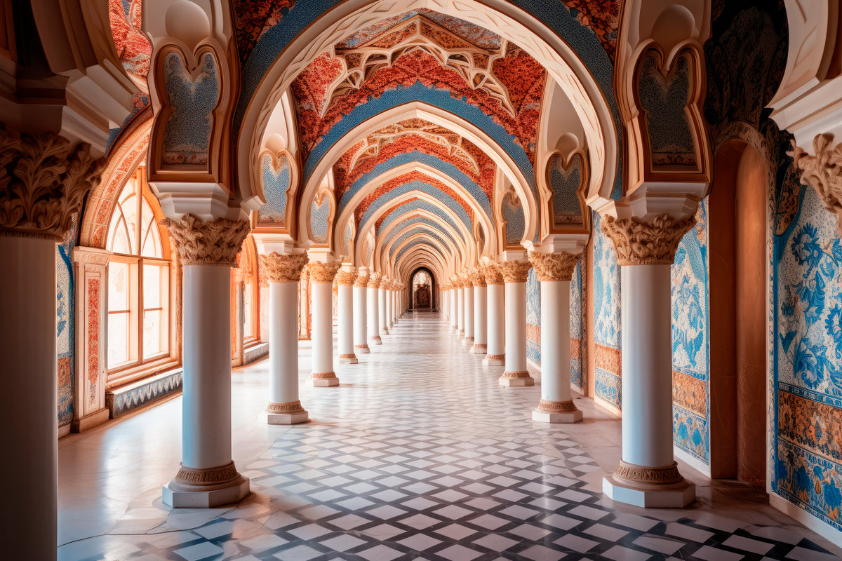 A model in flowing fabric walking through a colonnade