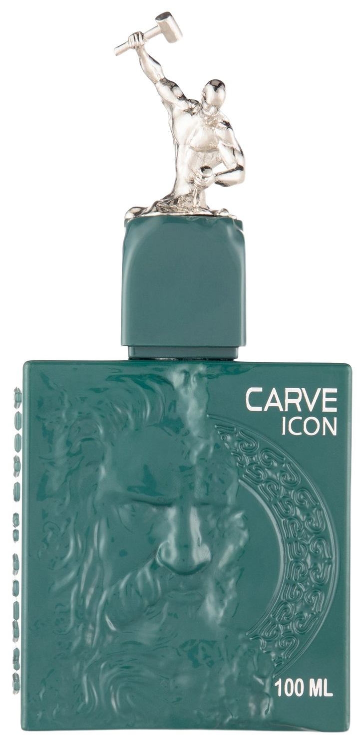 Carve Icon, a square teal glass bottle with a lion carved into the face and a silver figure swinging a hammer for a cap