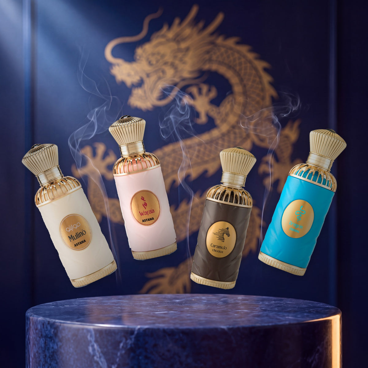 Mulino, Wafa, Caramelo Chevaux and Dragon Flame floating above a blue marble plinth in front of a lacquered wall painted with a gold dragon, incense smoke between them
