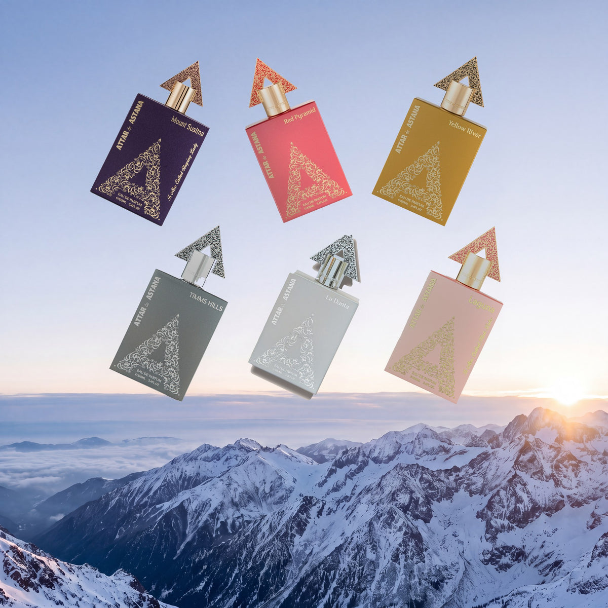 The six Mountain bottles, Mount Susitna, Red Pyramid, Yellow River, Timms Hills, La Danta and Laguna, floating high above snow-covered peaks at sunrise