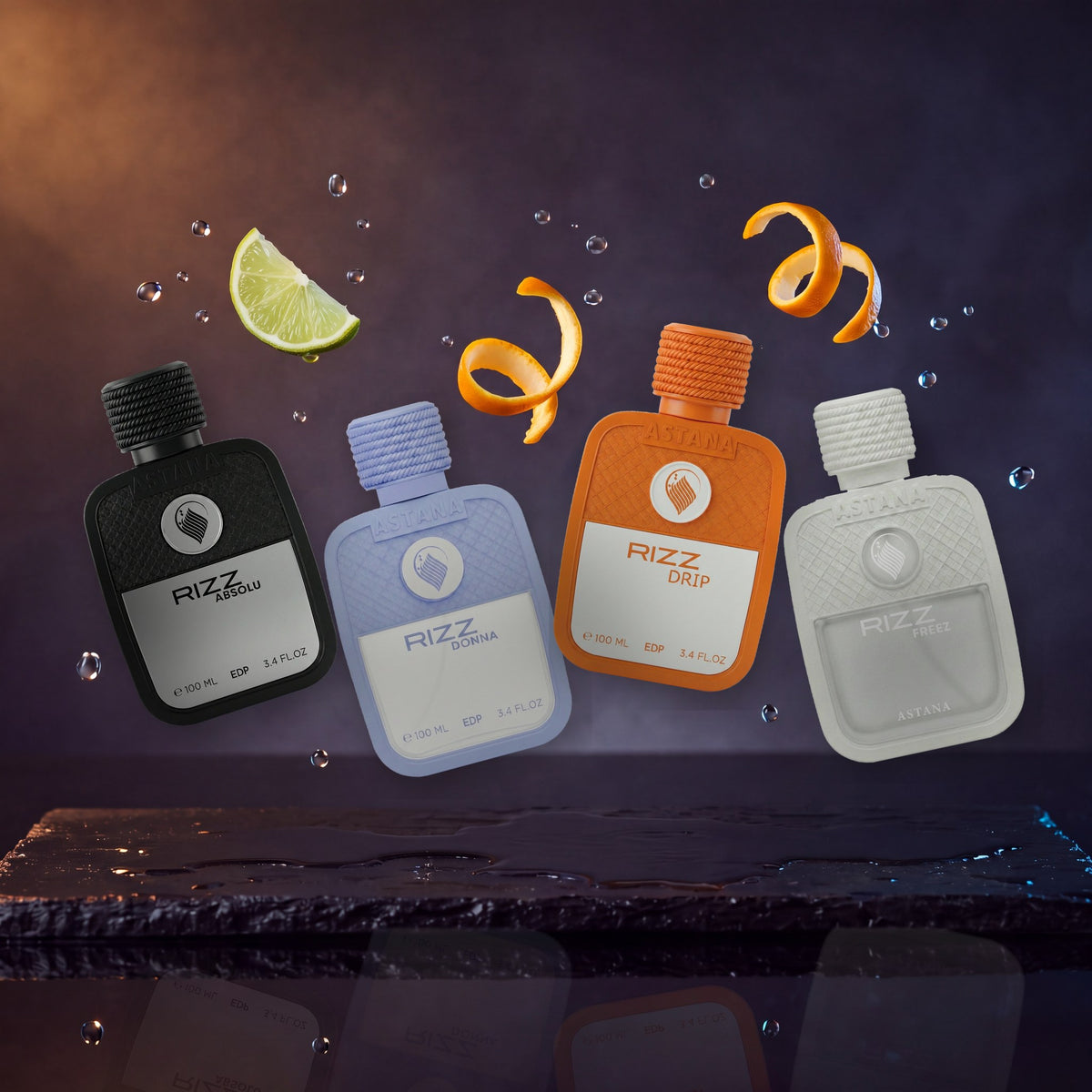 The four Rizz bottles, Absolu, Donna, Drip and Freez, floating above a wet black stone slab with a lime wedge, curls of orange peel and water droplets in the air
