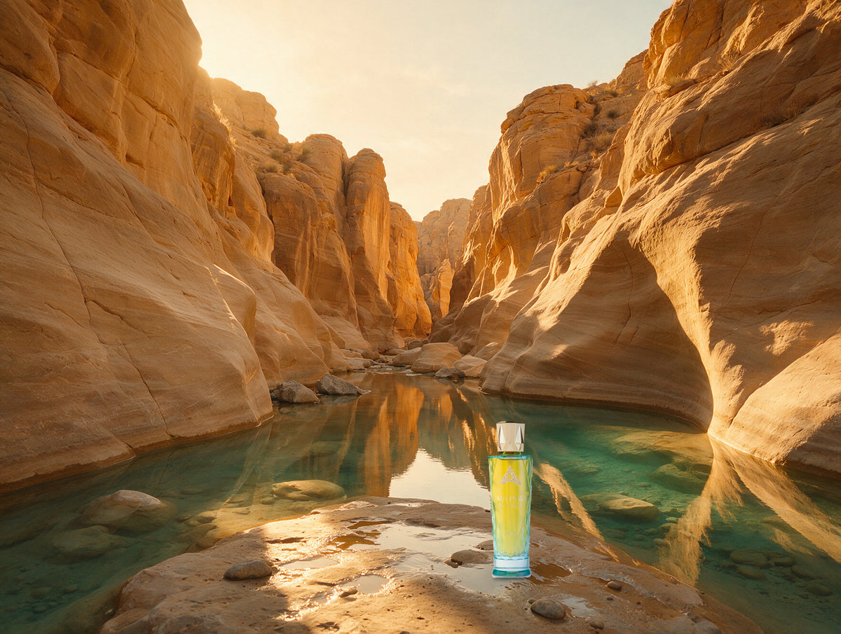 The Wadi Dhum bottle on a wet sandstone ledge in a desert canyon at golden hour, a turquoise pool behind it