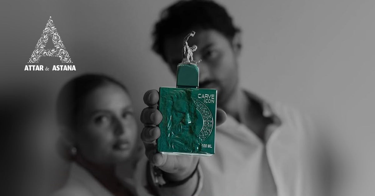 A man holds the Carve Icon bottle out to the camera, a woman standing behind him, the green bottle the only colour in a black and white frame