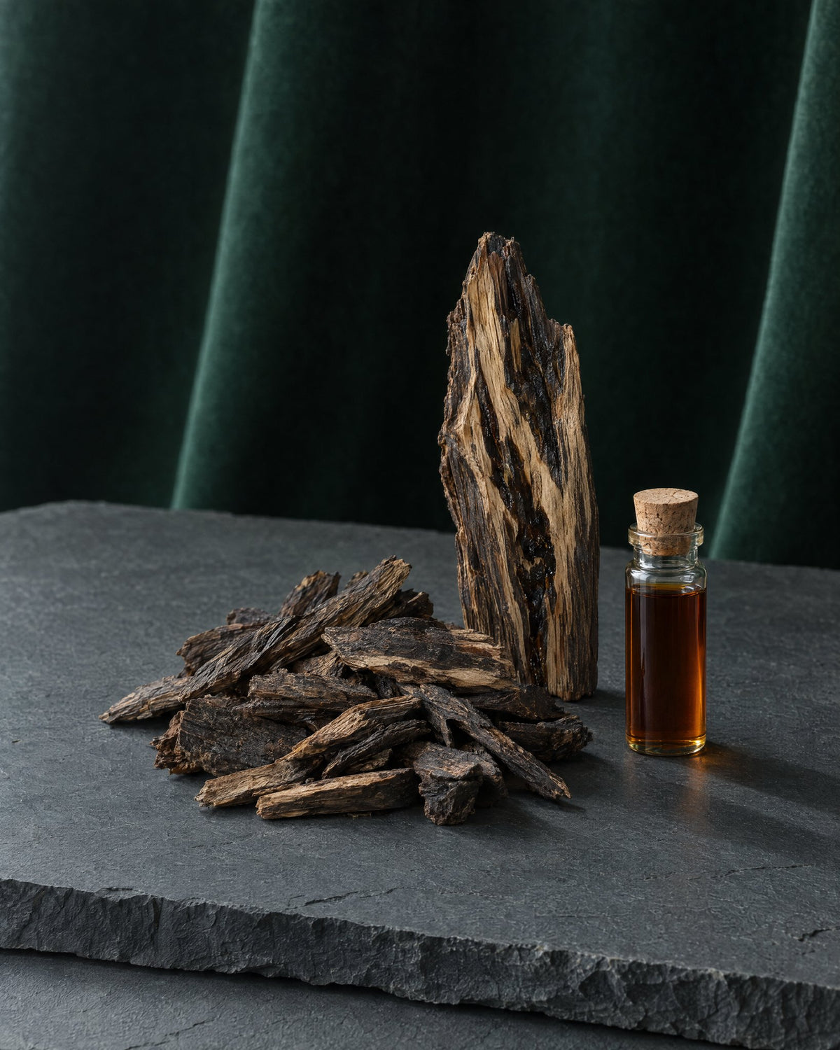 Dark agarwood chips heaped on a slab of slate beside a split piece of the wood and a small corked vial of oud oil, deep green velvet behind